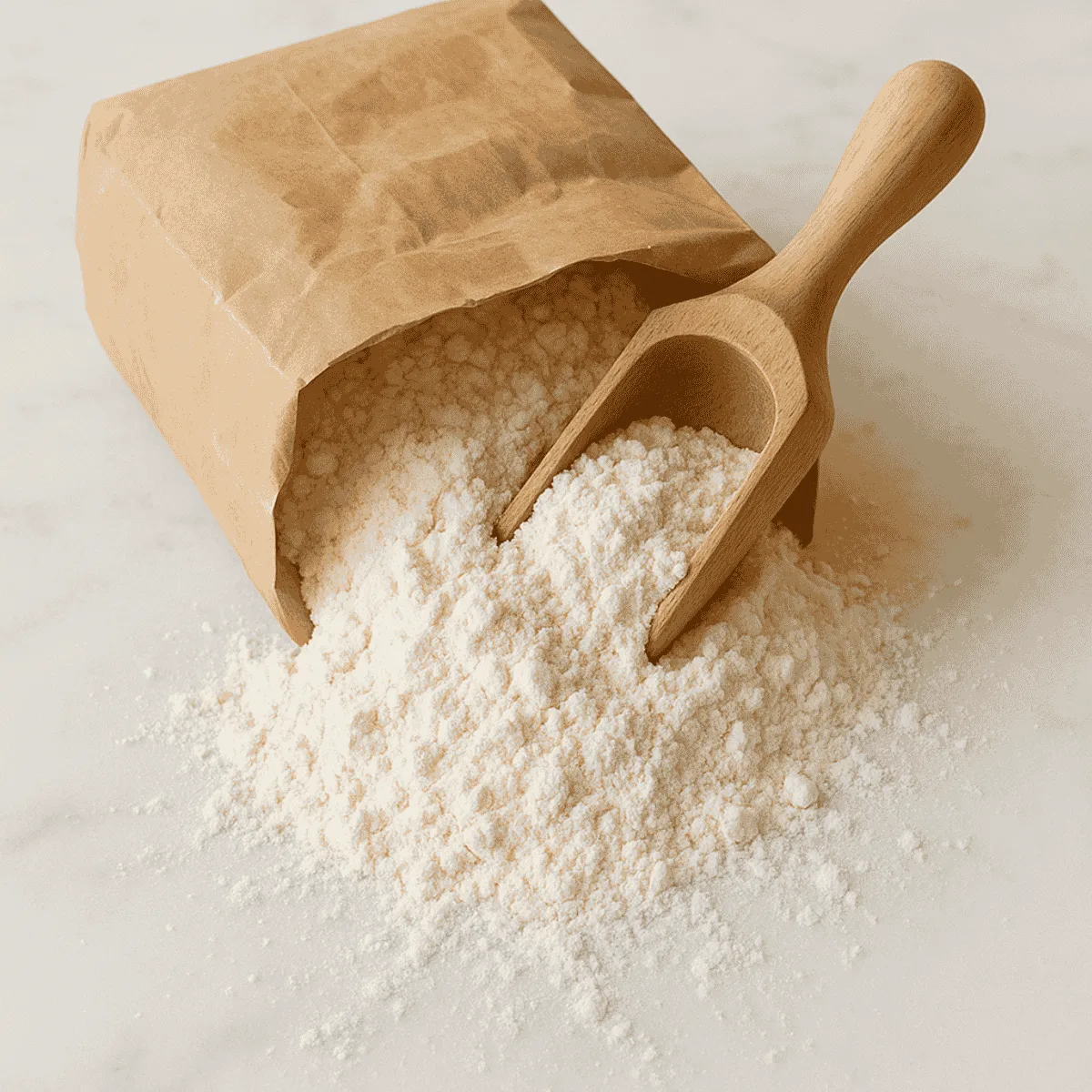 white flour sitting inside a brown paper bag on top of a white marble benchtop with a wooden scoop