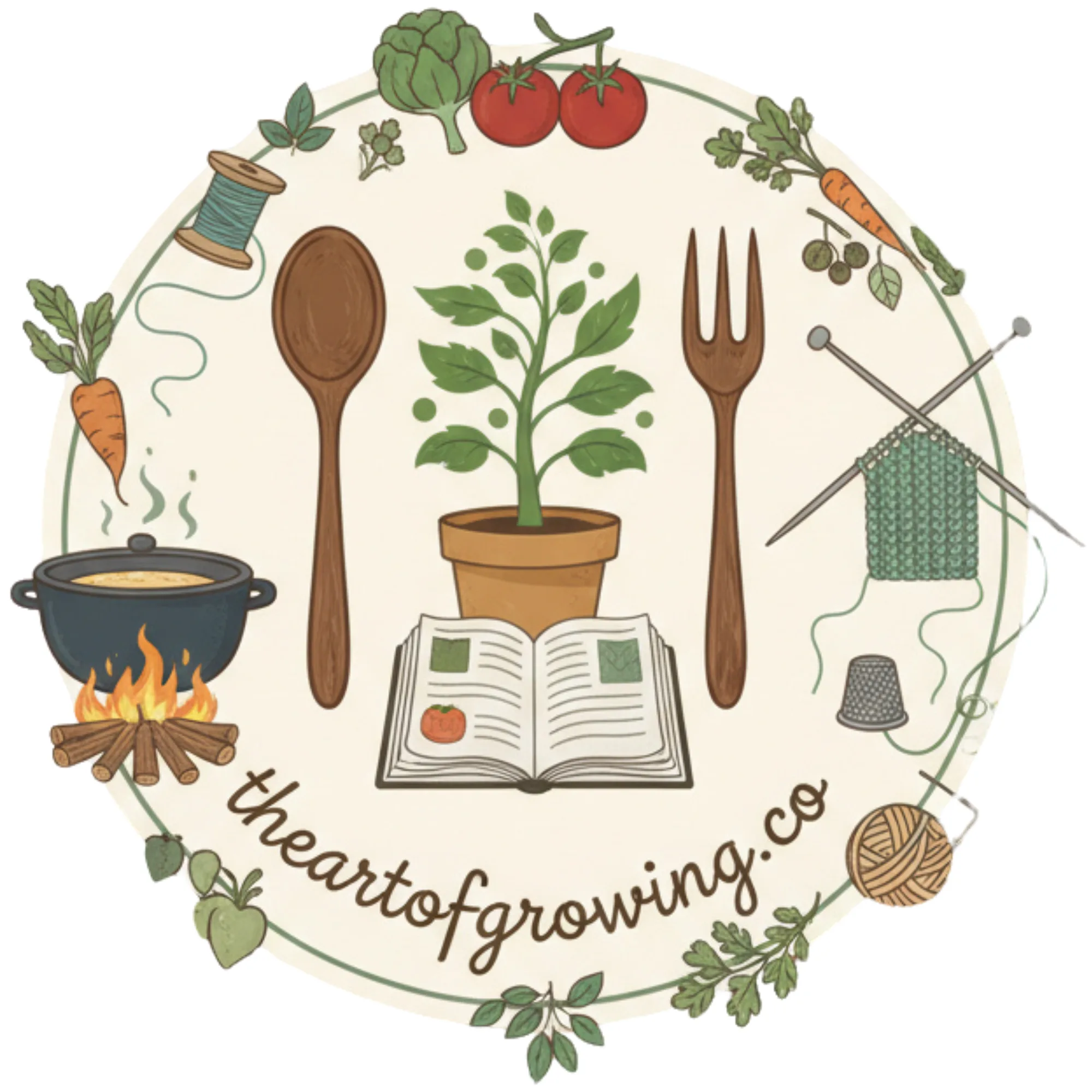 spoon, fork, knitting needles, vegetables and cooking pot