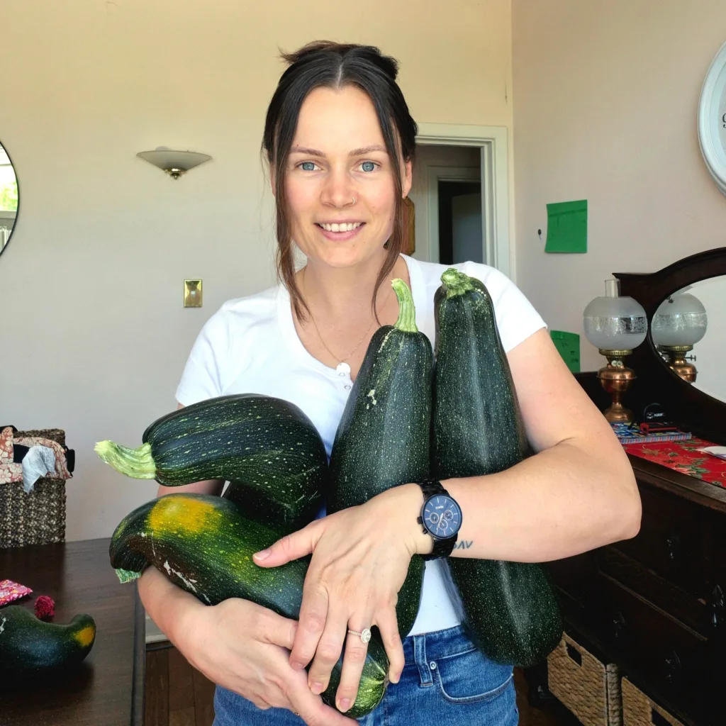 female holding large green zucchini's