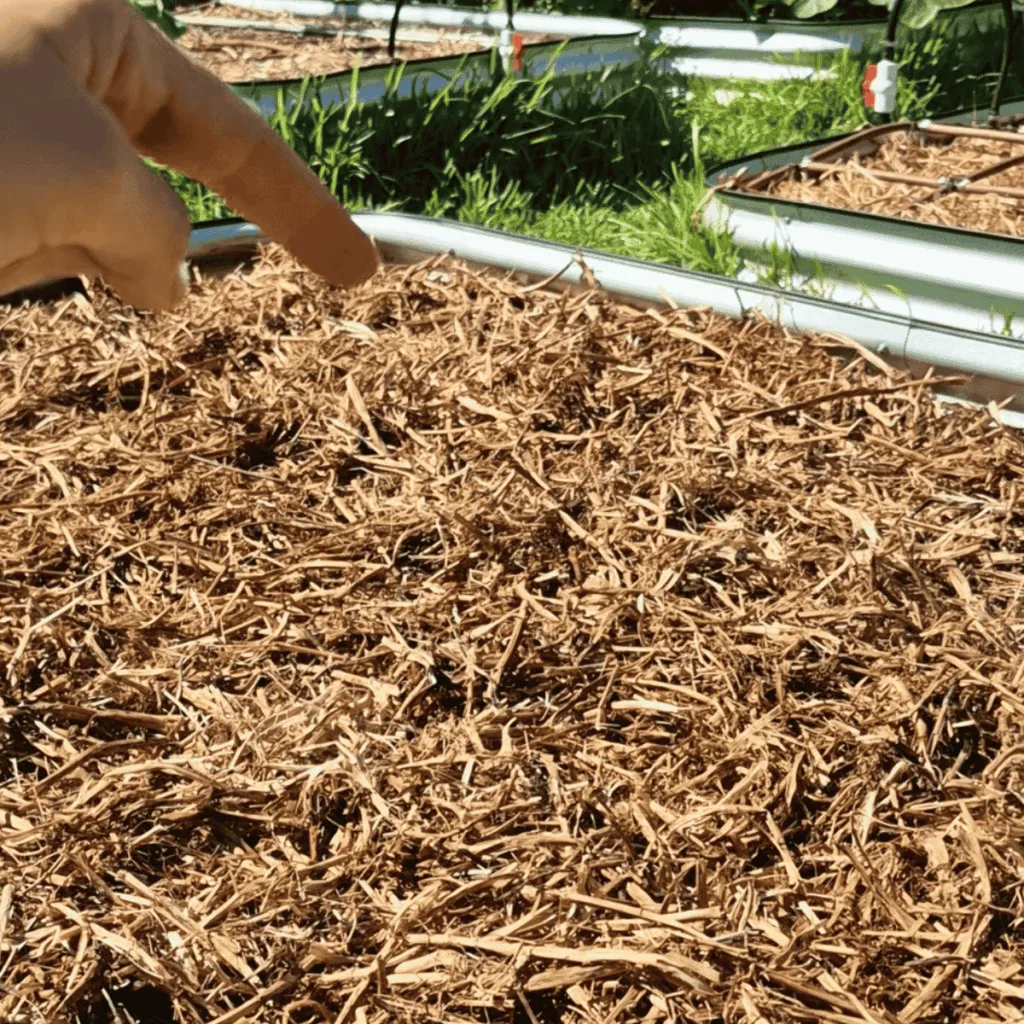 hand pointing at sunny mulch covered garden bed