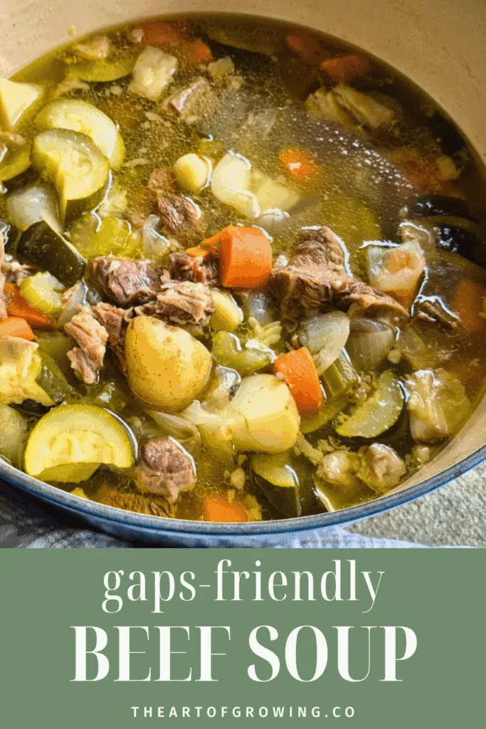 beef and vegetable soup in blue pot