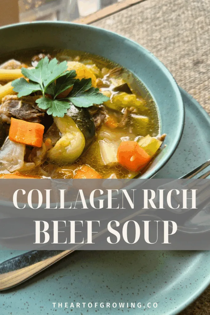 beef and vegetable soup in green bowl with silver cutlery